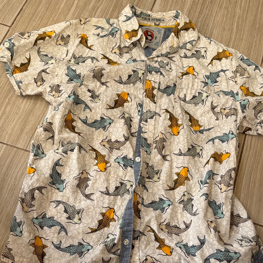 Men's Casual koi Print Button Down Shirt